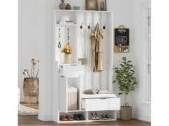 Guarda-roupa 6 em 1 100×30×180 cm - com 8 ganchos e banco para sapatos - com 2 gavetas e 1 porta - com sapateiro - branco