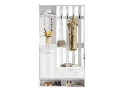 Guarda-roupa 6 em 1 100×30×180 cm - com 8 ganchos e banco para sapatos - com 2 gavetas e 1 porta - com sapateiro - branco