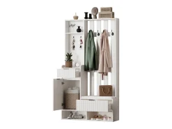 Guarda-roupa 6 em 1 100×30×180 cm - com 8 ganchos e banco para sapatos - com 2 gavetas e 1 porta - com sapateiro - branco