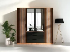 Guarda-roupa 4 portas, 3 gavetas com espelho C196 cm cor natural e preto - LIRMADA