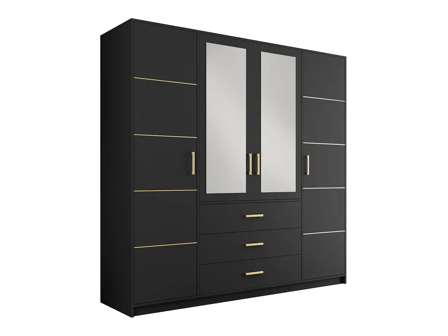 Guarda-roupa 4 portas e 3 gavetas com espelhos C196 cm preto e dourado - MONLIO