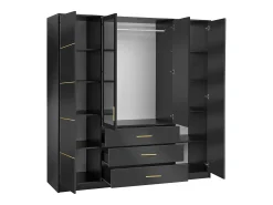Guarda-roupa 4 portas e 3 gavetas com espelhos C196 cm preto e dourado - MONLIO
