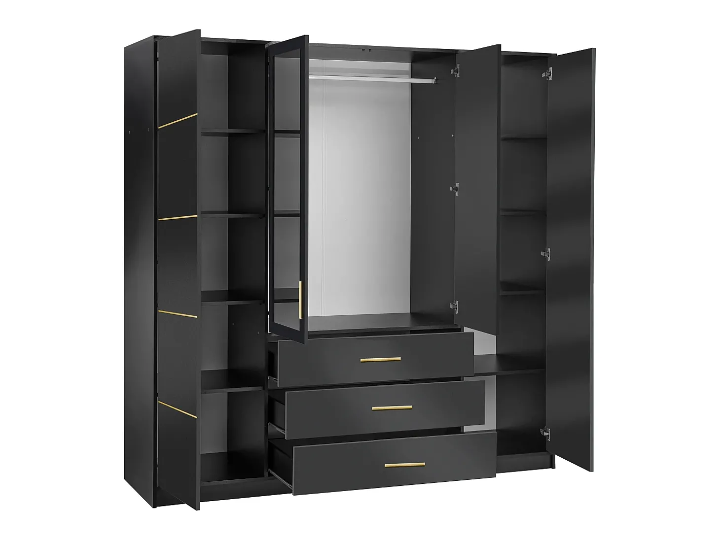 Guarda-roupa 4 portas e 3 gavetas com espelhos C196 cm preto e dourado - MONLIO
