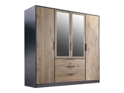 Guarda-roupa 4 portas e 3 gavetas com espelhos C196 cm cor natural e preto - LAMIKI