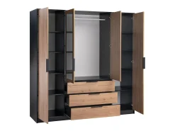 Guarda-roupa 4 portas e 3 gavetas com espelhos C196 cm cor natural e preto - LAMIKI