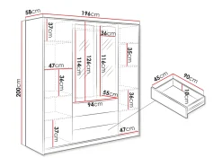 Guarda-roupa 4 portas e 3 gavetas com espelhos C196 cm cor natural e preto - LAMIKI