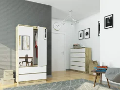 Guarda-roupa Artesanal Dąb S90, 2 Portas, 2 Gavetas c/ Espelho, Branco/Dąb, Montagem DIY