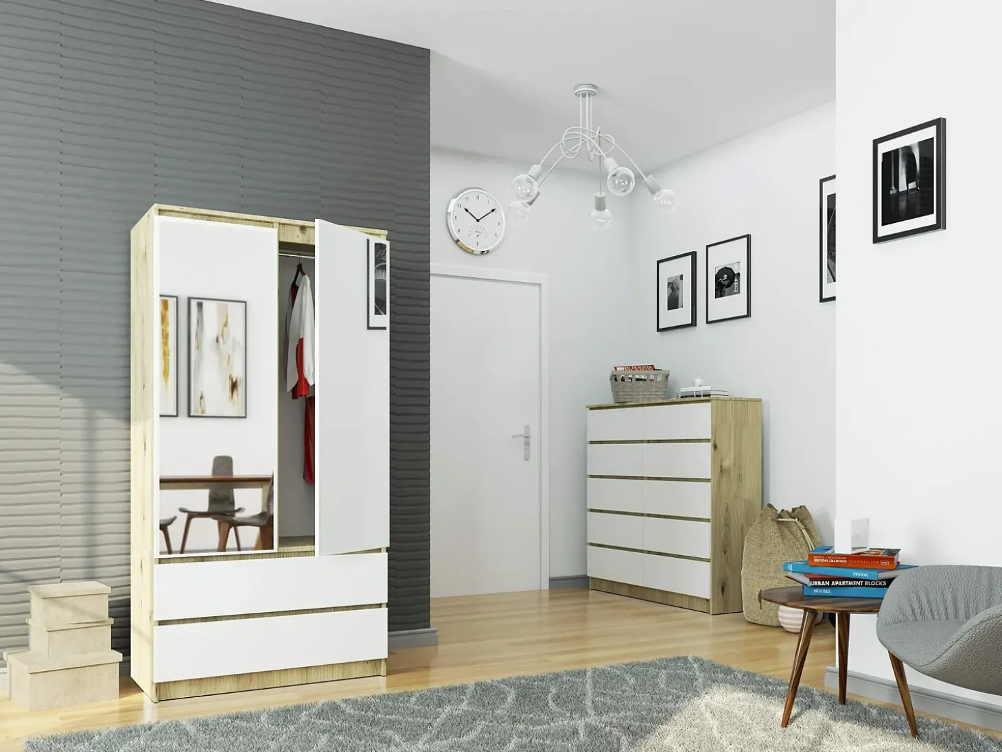 Guarda-roupa Artesanal Dąb S90, 2 Portas, 2 Gavetas c/ Espelho, Branco/Dąb, Montagem DIY