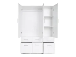 Guarda-roupa BELOMY de 3 portas e 6 gavetas, com 136 cm de largura, na cor branca, com prateleira superior.
