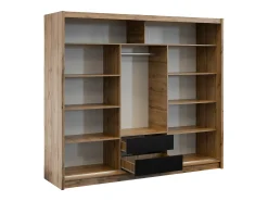 Guarda-roupa CALOWI com 3 portas de correr e espelho, 250 cm de largura, nas cores natural e preta.