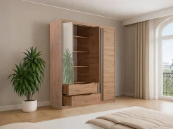 Guarda-roupa com 4 portas 2 gavetas - Com espelho - L203 cm - Cor: Natural e preto - SIDOVIA