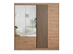 Guarda-roupa com 4 portas 2 gavetas - Com espelho - L203 cm - Cor: Natural e preto - SIDOVIA