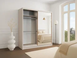 Guarda-roupa com 2 portas deslizantes com espelho L203 cm cor bege e natural - CALOWI