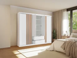 Guarda-roupa com 4 portas e 2 gavetas com espelho L250 cm cor branco e natural - SIDOVIA