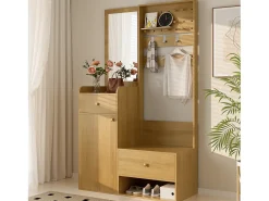 Guarda-roupa com espelho - 105 x 38 x 180 cm - com ganchos + 2 gavetas + 1 porta - aglomerado - natural