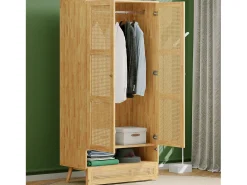 Guarda-roupa com varão - 90 x 45 x 183 cm - com 3 portas - aglomerado + rattan sintético - natural