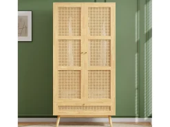 Guarda-roupa com varão - 90 x 45 x 183 cm - com 3 portas - aglomerado + rattan sintético - natural