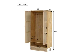 Guarda-roupa com varão - 90 x 45 x 183 cm - com 3 portas - aglomerado + rattan sintético - natural