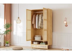 Guarda-roupa com varão - 90 x 45 x 183 cm - com 3 portas - aglomerado + rattan sintético - natural