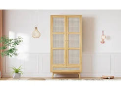 Guarda-roupa com varão - 90 x 45 x 183 cm - com 3 portas - aglomerado + rattan sintético - natural