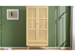 Guarda-roupa com varão - 90 x 45 x 183 cm - com 3 portas - aglomerado + rattan sintético - natural