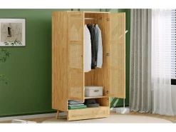 Guarda-roupa com varão - 90 x 45 x 183 cm - com 3 portas - aglomerado + rattan sintético - natural