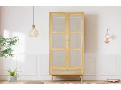 Guarda-roupa com varão - 90 x 45 x 183 cm - com 3 portas - aglomerado + rattan sintético - natural