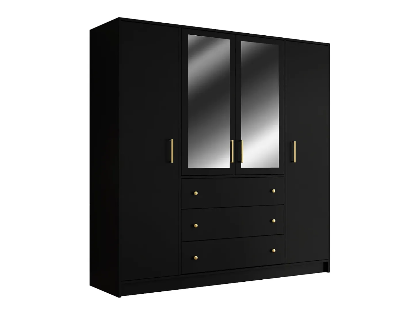 Guarda-roupa de 4 portas e 3 gavetas com espelhos, 196 cm de largura, preto - LIZANDRO