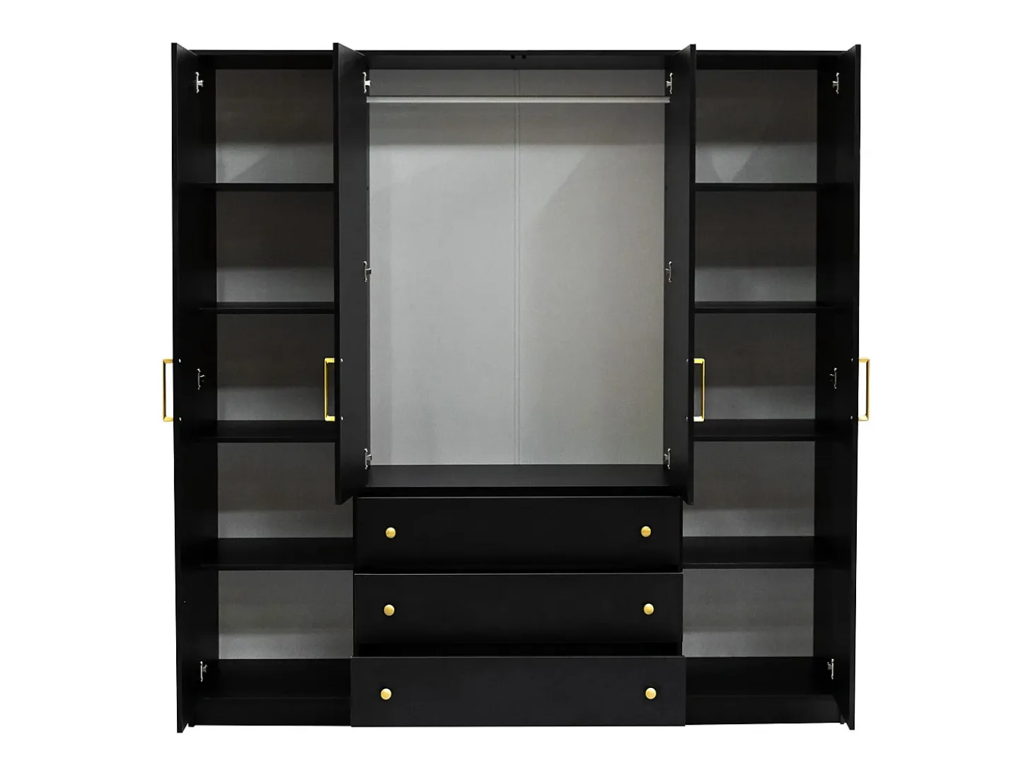 Guarda-roupa de 4 portas e 3 gavetas com espelhos, 196 cm de largura, preto - LIZANDRO