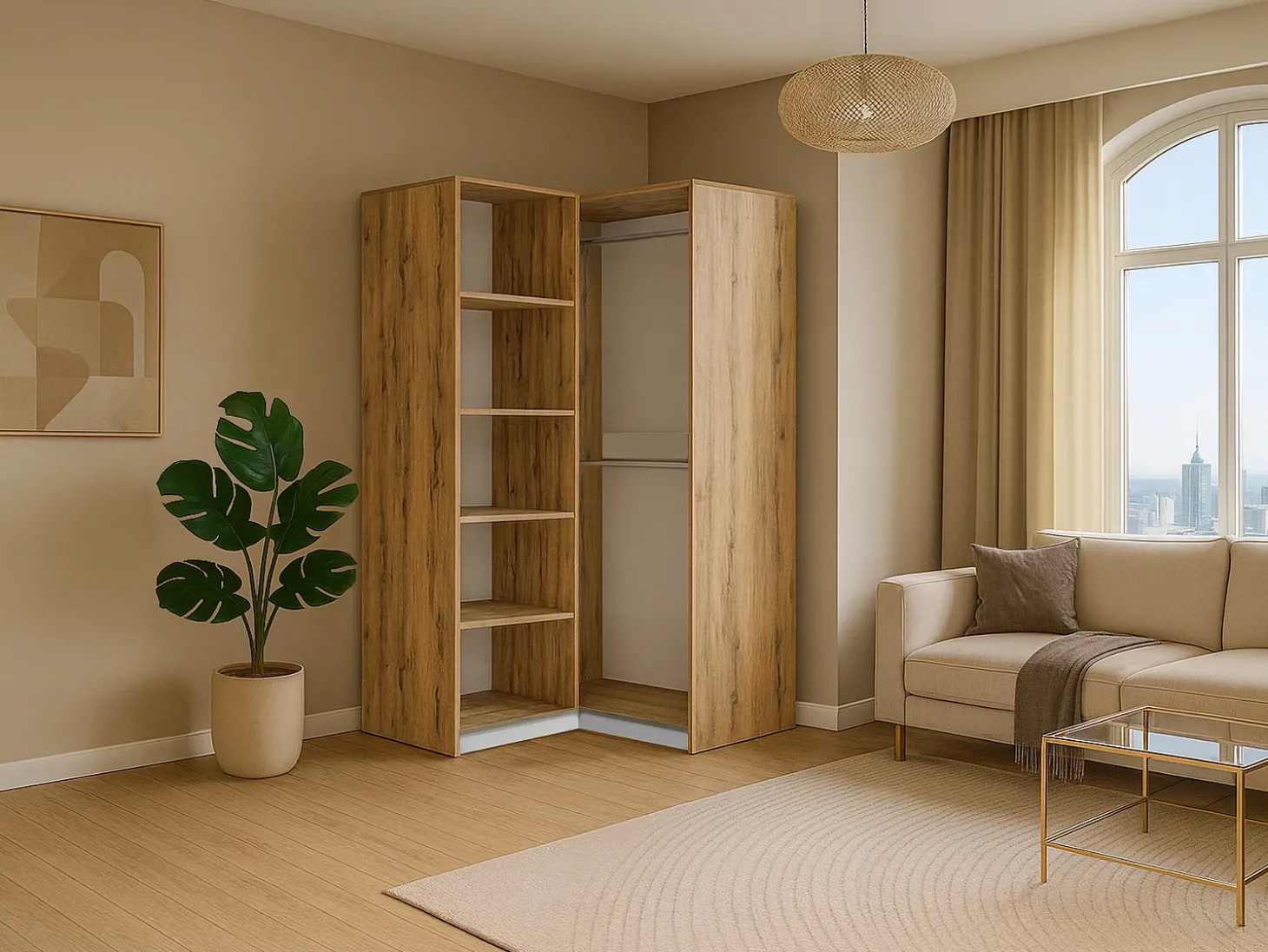 guarda-roupa de canto 2 portas L109 cm branco e natural claro - LAMIKI