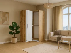 guarda-roupa de canto 2 portas L109 cm branco e natural claro - LAMIKI