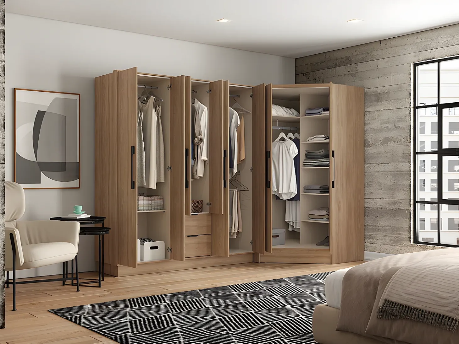 Guarda-roupa de canto 8 portas e 2 gavetas C263 cm cor natural - FEOVA