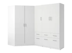 Guarda-roupa de canto BELOMY com 5 portas e 6 gavetas, 254 cm de largura, na cor branca -