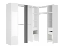Guarda-roupa de canto com 1 porta, cortina e espelho, 231 cm de largura, branco e cinza - BETRAND