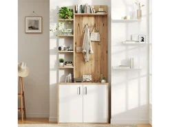 Guarda-roupa de entrada 75×33×180 cm - com cabides e organizador de sapatos - 5 compartimentos - 2 portas - natural + branco