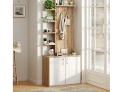 Guarda-roupa de entrada 75×33×180 cm - com cabides e organizador de sapatos - 5 compartimentos - 2 portas - natural + branco