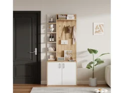 Guarda-roupa de entrada 75×33×180 cm - com cabides e organizador de sapatos - 5 compartimentos - 2 portas - natural + branco