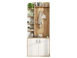 Guarda-roupa de entrada 75×33×180 cm - com cabides e organizador de sapatos - 5 compartimentos - 2 portas - natural + branco