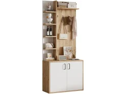 Guarda-roupa de entrada 75×33×180 cm - com cabides e organizador de sapatos - 5 compartimentos - 2 portas - natural + branco