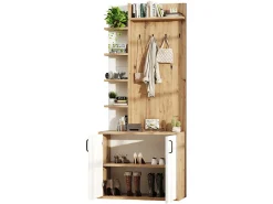Guarda-roupa de entrada 75×33×180 cm - com cabides e organizador de sapatos - 5 compartimentos - 2 portas - natural + branco