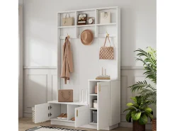 Guarda-roupa de entrada moderno - com cabideiro e armazenamento para sapatos - Banco com armazenamento - com 3 ganchos - Branco