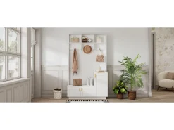 Guarda-roupa de entrada moderno - com cabideiro e armazenamento para sapatos - Banco com armazenamento - com 3 ganchos - Branco