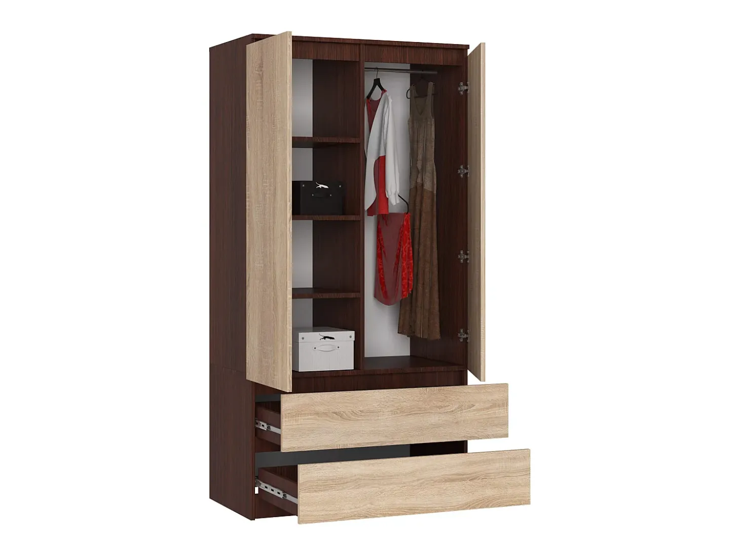 Guarda-Roupa de Piso 90 cm 2 Portas 2 Gavetas Wenge/Sonoma