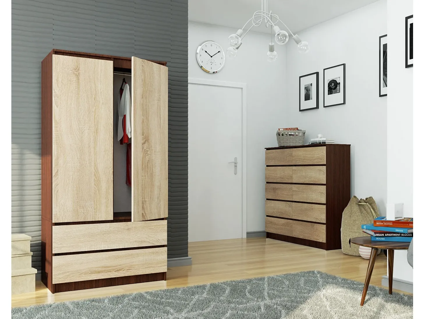 Guarda-Roupa de Piso 90 cm 2 Portas 2 Gavetas Wenge/Sonoma