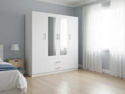 Guarda-roupa de quarto com 4 portas, espelho e acabamento branco.