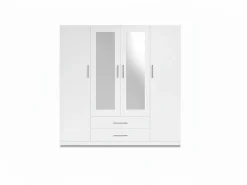 Guarda-roupa de quarto com 4 portas, espelho e acabamento branco.