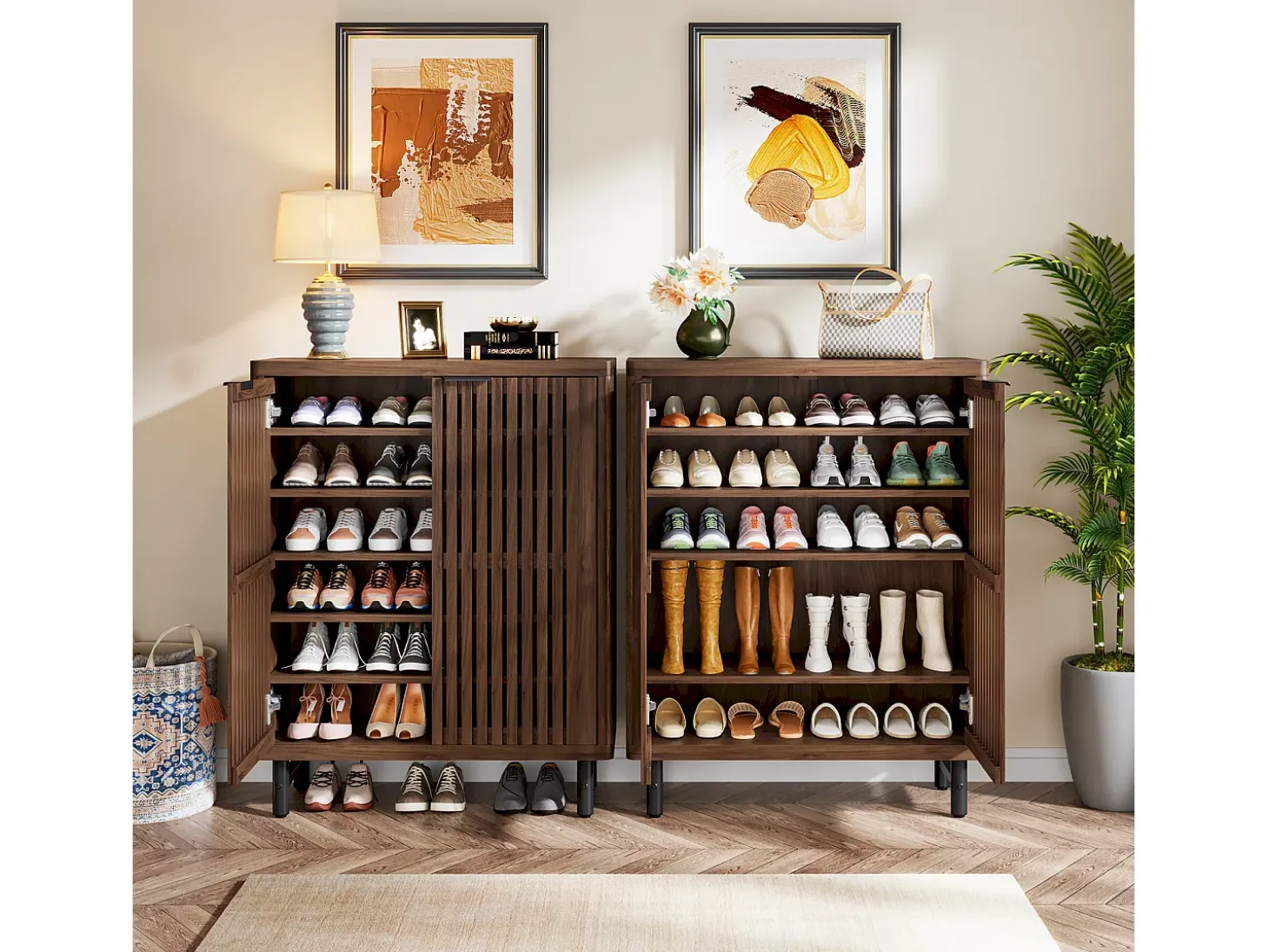 Guarda-roupa de sapatos retrô com 6 níveis, para 24 pares de sapatos, com portas e prateleiras ajustáveis