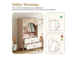 Guarda-roupa infantil aberto 80x46x141.5 cm - com haste para pendurar roupas e 2 gavetas - pés e puxadores de madeira maciça - branco + natural