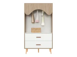 Guarda-roupa infantil aberto 80x46x141.5 cm - com haste para pendurar roupas e 2 gavetas - pés e puxadores de madeira maciça - branco + natural