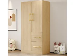 Guarda-roupa infantil de 2 portas com 2 gavetas e compartimentos de arrumação - 70 x 45 x 135 cm - madeira - natural
